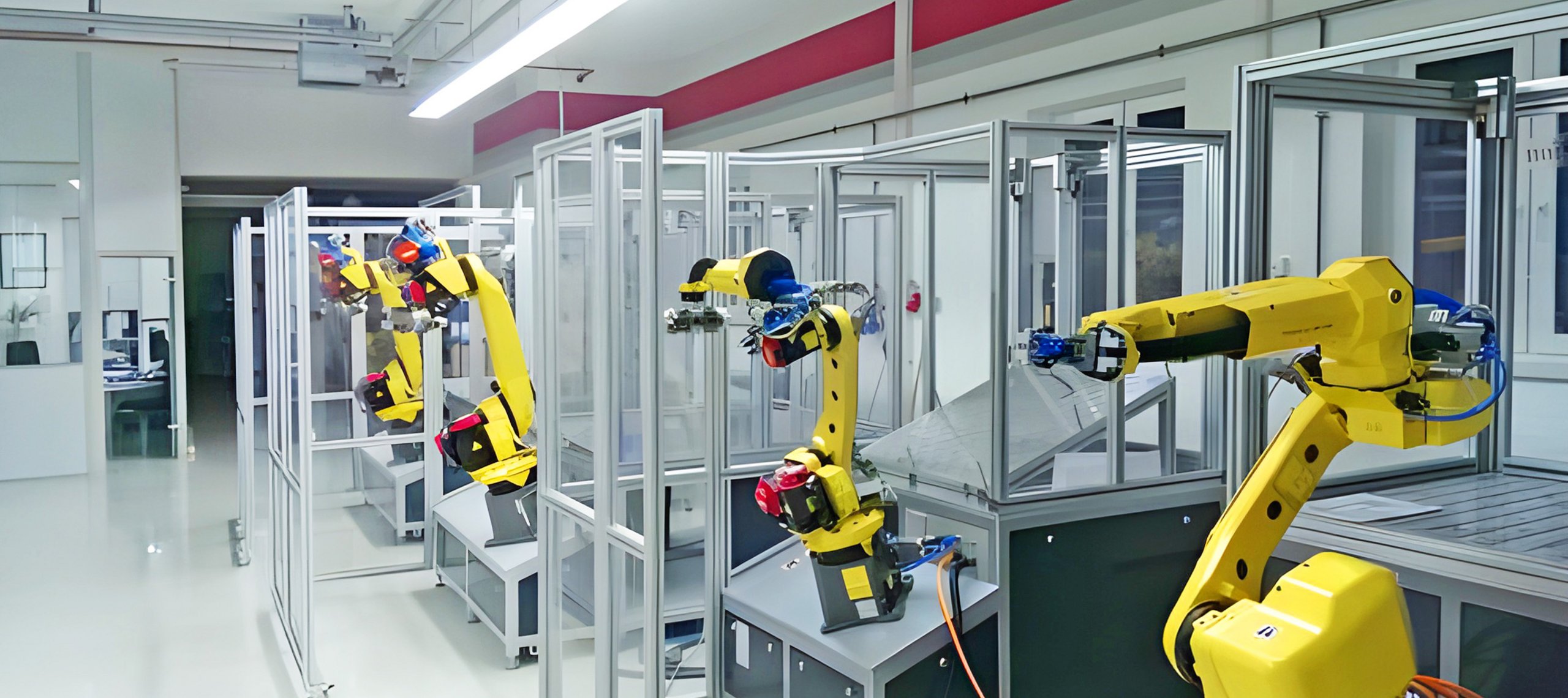 CNC Automation - WU Merchanische Werkstätte Gelbe Industrieroboterarme in einer Fertigungslinie der WU Mechanische Werkstätte GmbH, umgeben von Metallrahmen und Maschinengehäusen.