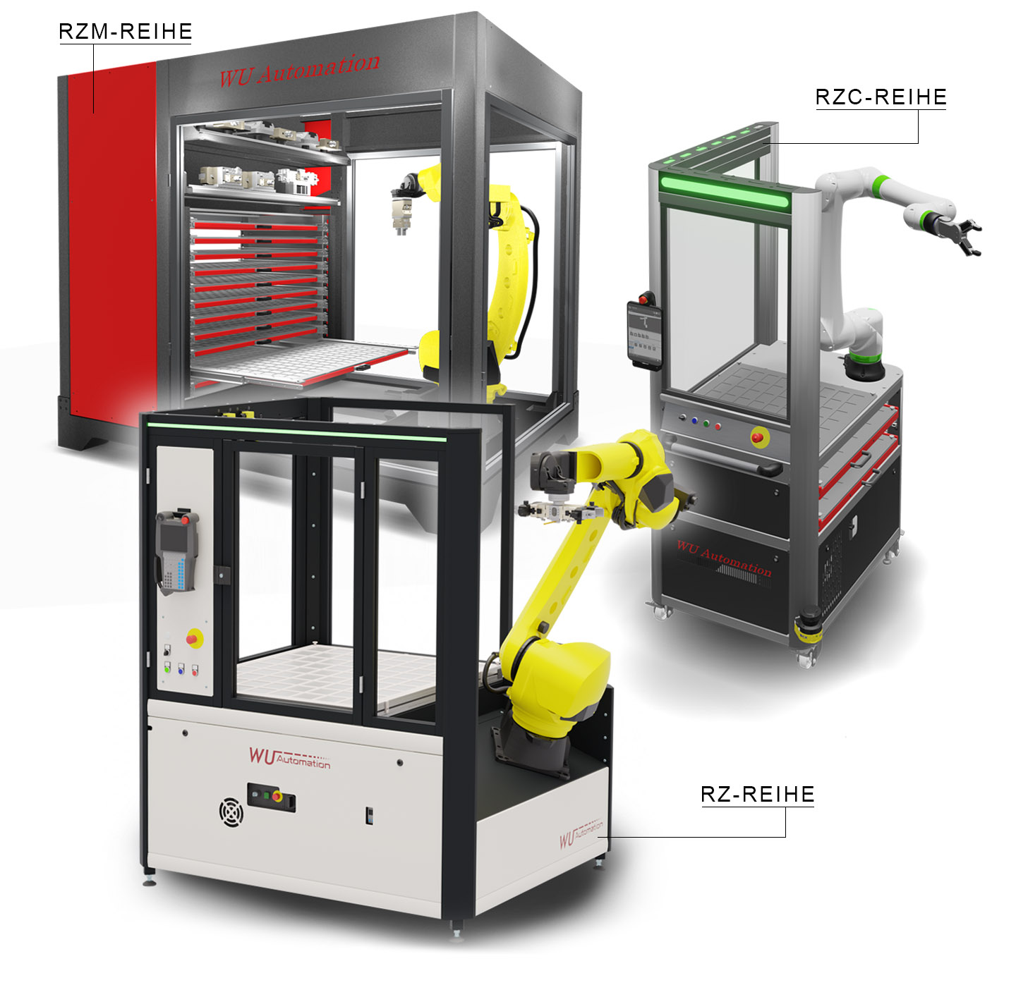 WU-Systems - Automatisierung Drei automatisierte Roboterstationen der WU Metallische Werkstätte: RZM-Reihe mit gelbem Roboterarm in rotem und grauem Gehäuse, RZ-Reihe mit gelbem Roboterarm in weißem Gehäuse, RZC-Reihe mit weißem Roboterarm in grauem Gehäuse mit grünem Lichtband.